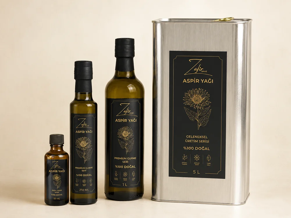 Zafir Natural Soğuk Sıkım Aspir Yağları; 50 mL, 250 mL, 1 L ve 5 L ambalajlar