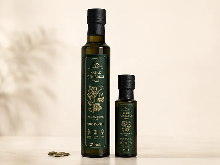 Zafir Natural Soğuk Sıkım Kabak Çekirdeği Yağları; 250 mL ve 50 mL şişeler
