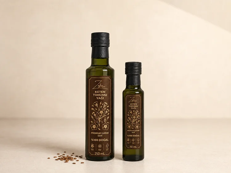 Zafir Natural Soğuk Sıkım Keten Tohumu Yağları; 250 mL ve 50 mL şişeler