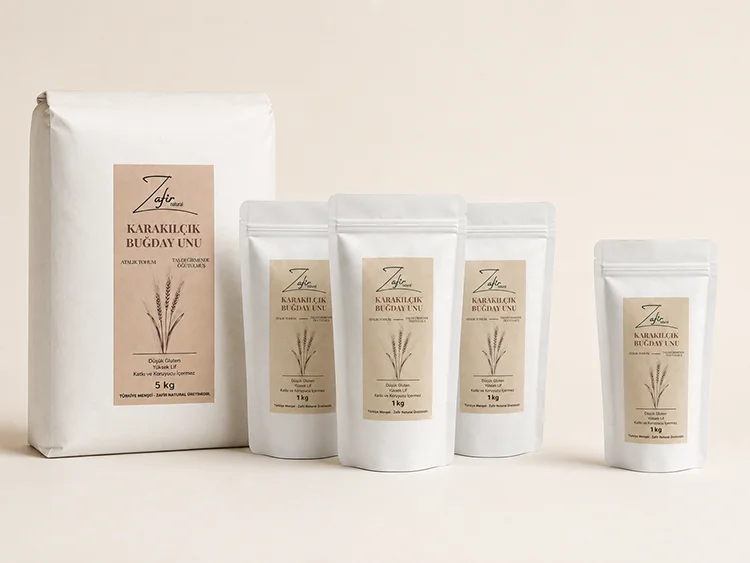 Zafir Natural Karakılçık Buğday Unları; 1 kg, 3'lü set ve 5 kg ambalajlar