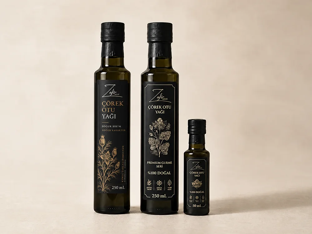 Zafir Natural Soğuk Sıkım Çörek Otu Yağları; 50 mL ve iki farklı 250 mL şişe