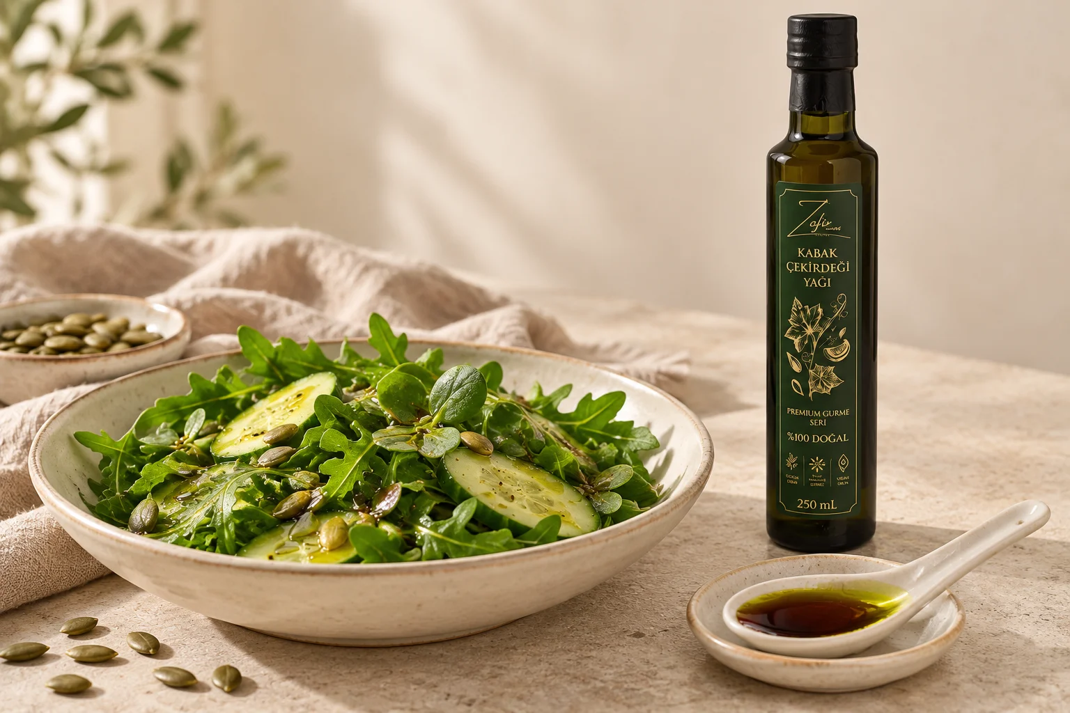 Zafir Natural kabak çekirdeği yağı şişesiyle yeşil salata sunumu